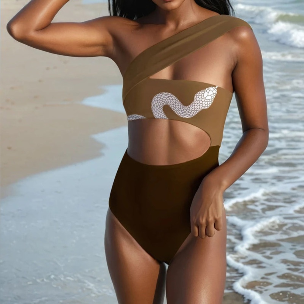 Chic One-Shoulder Swimsuit in Brown and Tan
